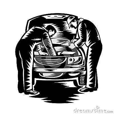 Automotive Mechanic Car Service and Repair Woodcut Black and White Vector Illustration