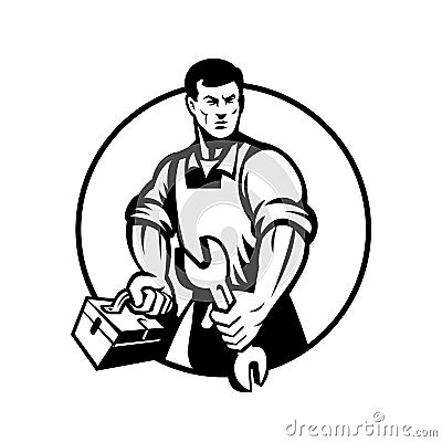 Automotive Mechanic Holding Spanner and Toolbox Circle Retro Black and White Vector Illustration