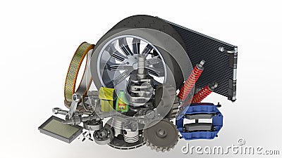 Automotive spare parts 3D rendering Cartoon Illustration