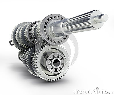 Automotive transmission gearbox Gears inside on white background 3d render with blur Stock Photo