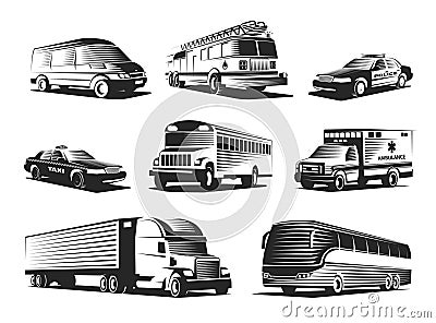 Automotive Transport Monochrome Set Vector Illustration