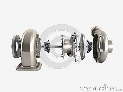 Automotive turbocharger turbine 3d render on white no shadow Stock Photo