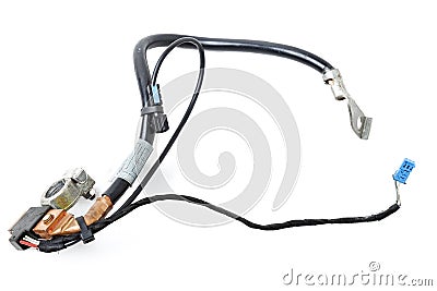 Automotive wiring harness with negative battery terminal and squib for disconnection in case of an accident. Vehicle security Stock Photo