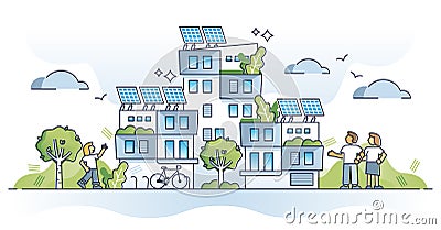 Autonomous building as house with solar panel electricity outline concept Vector Illustration