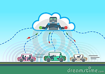 Autonomous car driving on road and sensing systems Vector Illustration