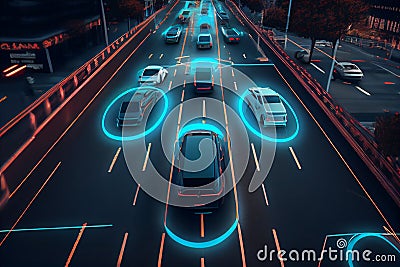 Autonomous car driving on road and sensing systems, driverless car, self-driving vehicle interaction Cartoon Illustration