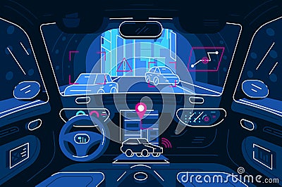 Autonomous car driving in tunnel Vector Illustration