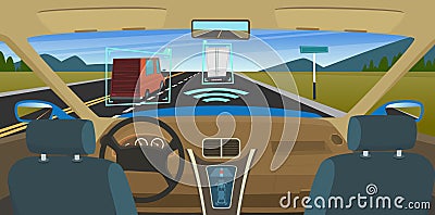 Autonomous car. Feature vehicles new smart computer technology for safety driving sensors systems hud visual vector Vector Illustration