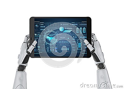 Autonomous car maintenance with engineer robot hold digital tablet with electric car user interface Stock Photo