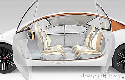 Autonomous car's interior concept. The car offer folding steering wheel, rotatable passenger seat Stock Photo