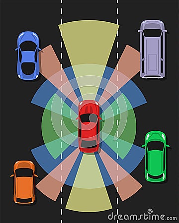 Autonomous car top view. Self driving vehicle. Vector Illustration