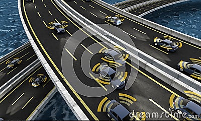 Autonomous cars on a road with visible connection Stock Photo