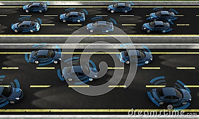 Autonomous cars on a road with visible connection Stock Photo