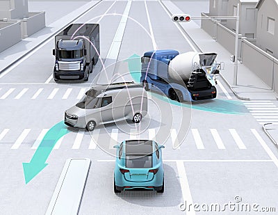 Autonomous cars sharing car`s driving information on the road Stock Photo