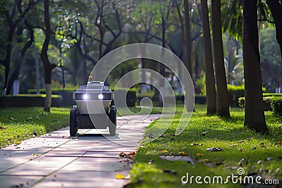 Autonomous cleaning robot sanitizing a sunlit park pathway surrounded by green trees Stock Photo