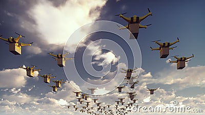 Autonomous delivery of parcels by unmanned drones-quadrocopters flying on a Sunny day. 3D Rendering Stock Photo