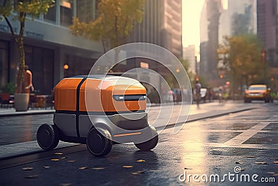 Autonomous delivery robot driverless on street, smart vehicle technology concept Stock Photo