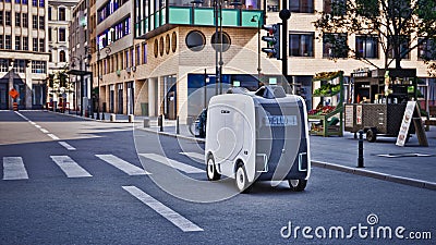 Autonomous delivery robot driverless on street, Smart vehicle technology concept, 3d render Stock Photo