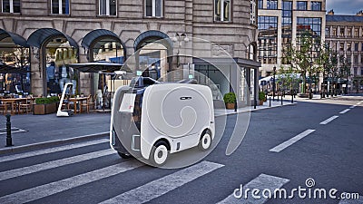 Autonomous delivery robot driverless on street, Smart vehicle technology concept, 3d render Stock Photo