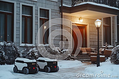 Autonomous delivery robots navigating snowy path in winter suburban setting Stock Photo