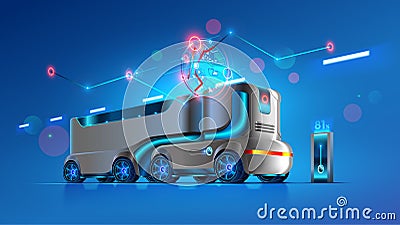Autonomous driverless truck. Driverless cargo vehicle. Automation interurban delivery transport. Vector Illustration
