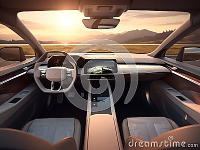 an autonomous driving vehicle on a country road in afternoon light. photorealistic view from inside the vehicle showing a Stock Photo
