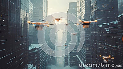 Autonomous drones delivering packages in a snow-covered modern cityscape Stock Photo
