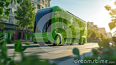 Autonomous eco-friendly shuttle bus self driving across city road. Smart futuristic vehicle concept Stock Photo