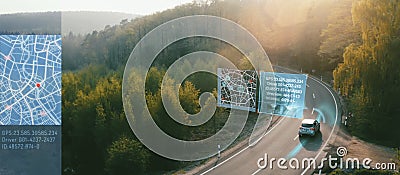 Autonomous Electric car driving on a forest highway with technology assistant tracking information Stock Photo