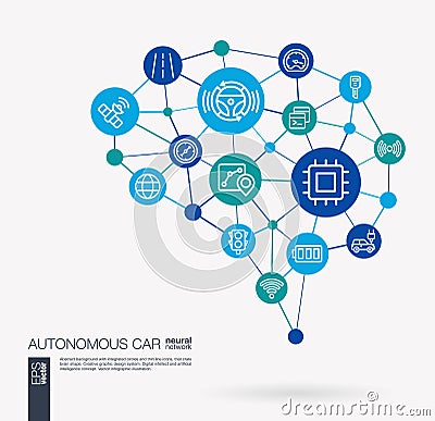 Autonomous electric car, self-driving, autopilot integrated business vector icons. Digital mesh smart brain idea Vector Illustration