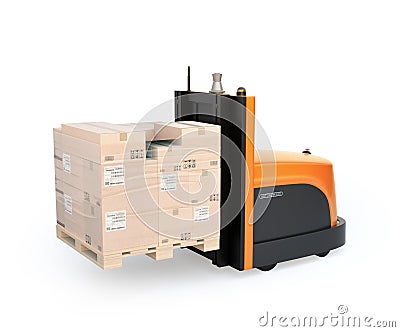 Autonomous forklift carrying pallet of goods isolated on white background Stock Photo