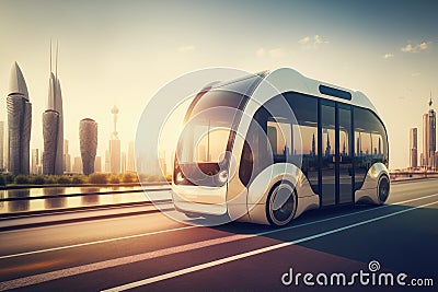 autonomous mini bus carrying passengers on route through modern metropolis Stock Photo