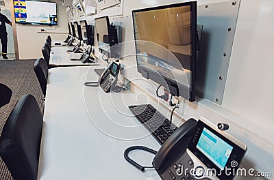 Autonomous mobile emergency control room. Emergency control room interior Stock Photo