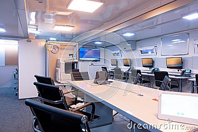 Autonomous mobile emergency control room. Emergency control room interior Stock Photo