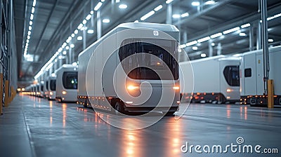 Autonomous mobile robots efficiently loading and unloading goods in modern warehouse environment Stock Photo