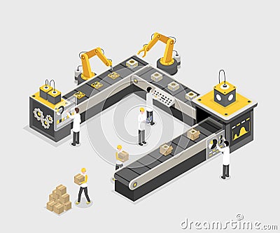 Autonomous, programmed production line with workers. Modern factory, industry manufacturing process, technology vector Vector Illustration