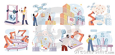 Smart manufacture, use of modern technologies scenes set. People work with robotic production Vector Illustration