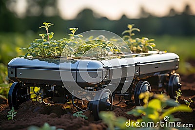 Autonomous robot garden cart with plantings on it. Technology in seedlings Stock Photo