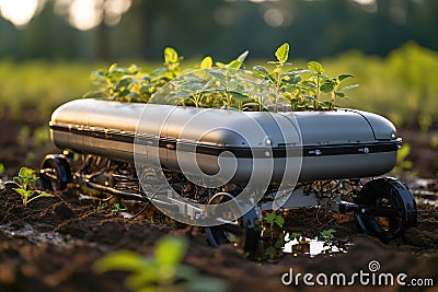 Autonomous robot garden cart with plantings on it. Technology in seedlings Stock Photo