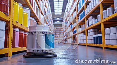 Autonomous robot navigating spacious warehouse with cans of paint, concept of automation Stock Photo