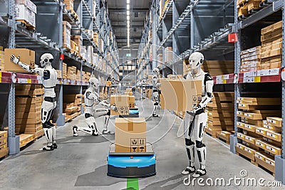 Autonomous robot system working in warehouses, Artificial intelligence technology concept, 3d render Stock Photo