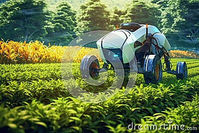 Autonomous robot working in the field. Smart farming and digital transformation in agriculture. Stock Photo