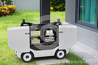 Autonomous robots deliver packaging to customers, Smart artificial intelligence technology concept Stock Photo