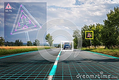 Autonomous self-driving car is recognizing road signs. Computer vision and artificial intelligence concept Stock Photo