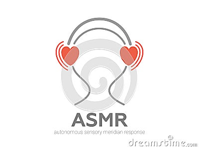 Autonomous sensory meridian response, ASMR logo or icon. Head with heart shaped headphones, enjoying sounds, whisper or music. Cartoon Illustration