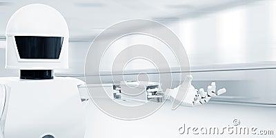 Autonomous service robot in front of an empty room Stock Photo