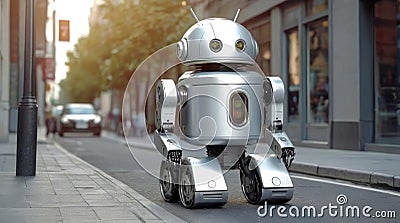 Autonomous service robot navigating the sidewalk in an urban environment. Modern smart android. Concept of robotics in Stock Photo