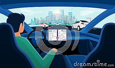 Autonomous Smart Driverless Car Self Driving. Driver with no Hands on Steering Vector Illustration