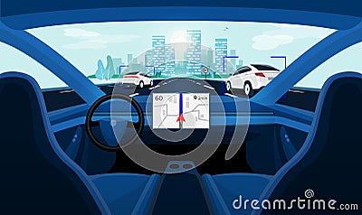 Autonomous Smart Driverless Car Self Driving. Car Interior dashboard view on Road Vector Illustration