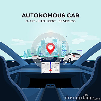 Autonomous Smart Driverless Car Self Driving. Car Interior view on Road with Traffic Vector Illustration